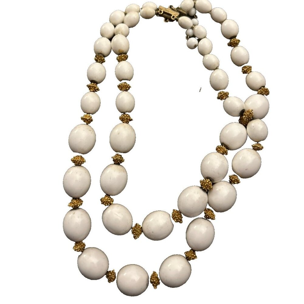 Vtg Double Str 1950’s Crown TRIFARI White Lucite & Gold Bead Necklace Adj Double